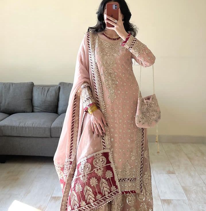 Embroidery Cording-Sequence work Light-Peach Sharara-Suit Set – 22.11.2020